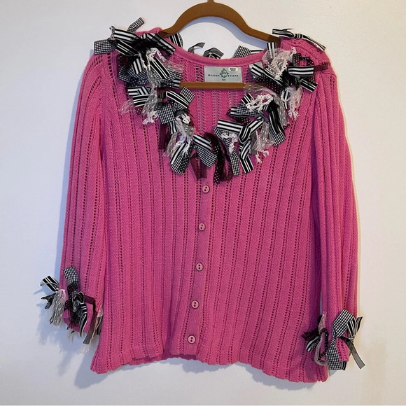 Vintage Design Options Phillip Jane Gordon bows trim cotton open knit pink M - Picture 1 of 9